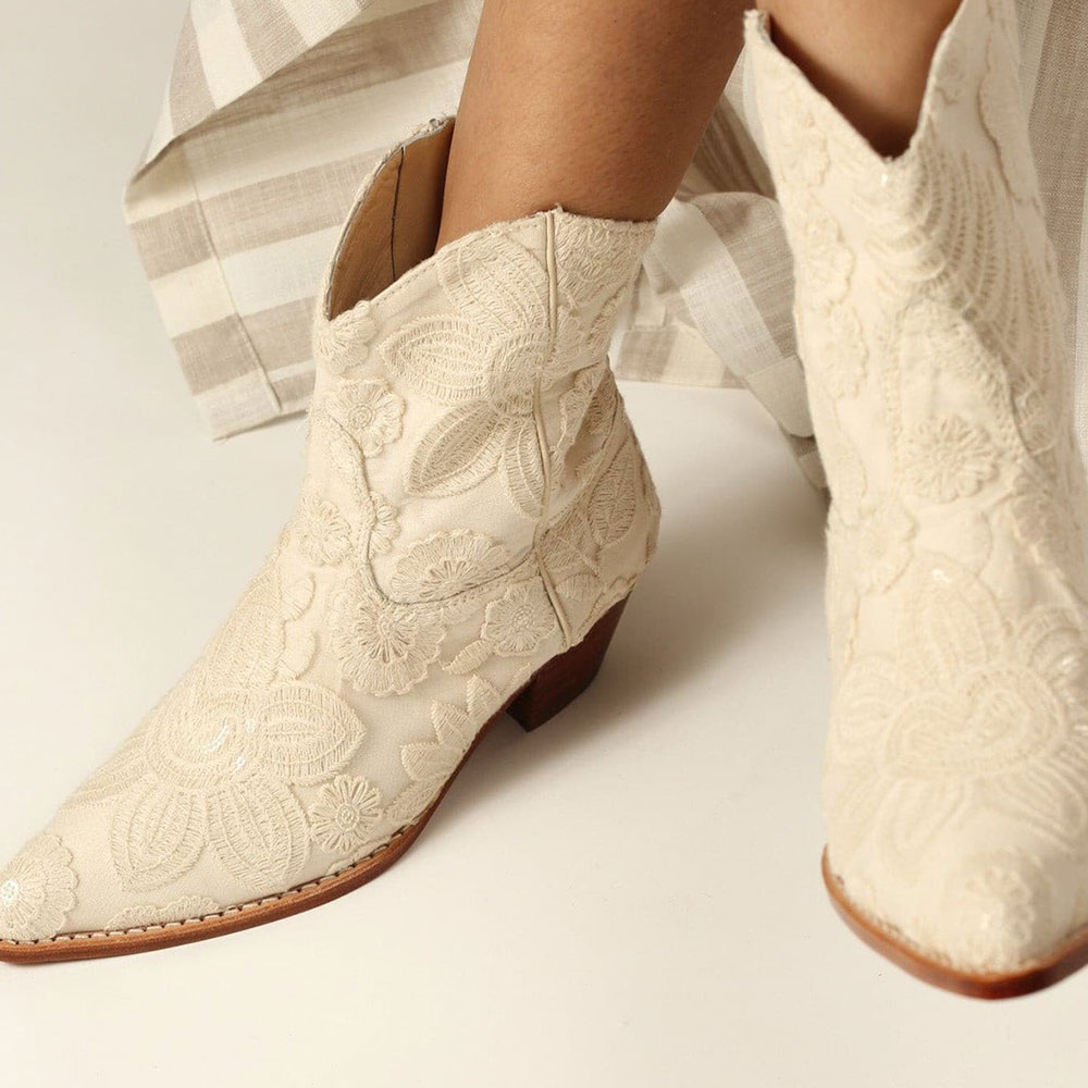 Ivory Pointed Toe Flower Embroidered Cowgirl Booties for Women Nicepairs