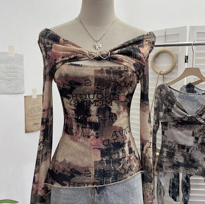 Nigikala Nigikala Shooting Strapped With Hollow Retro Print Long-Sleeved Mesh T-Shirt Ribbon Design Spring And Summer Top 1195