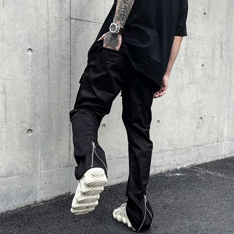 Back Ankle Zipper Pockets Cargo Pants for Mens High Street Drawstring Straight Black Overalls Oversize Loose Casual Trousers