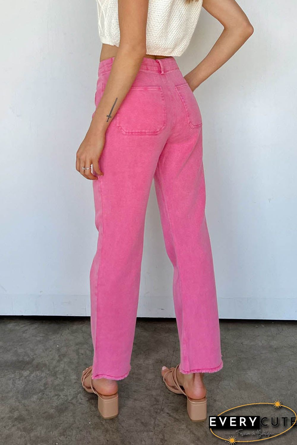 Pink Ankle-length Flare Leg Raw Hem Jeans