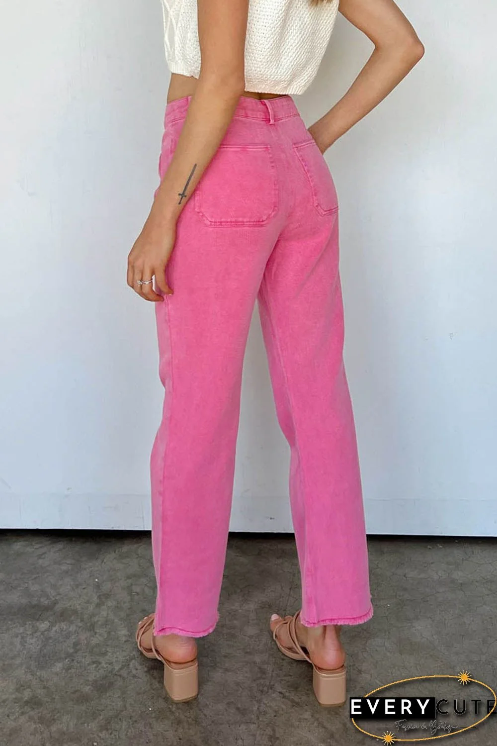 Pink Ankle-length Flare Leg Raw Hem Jeans