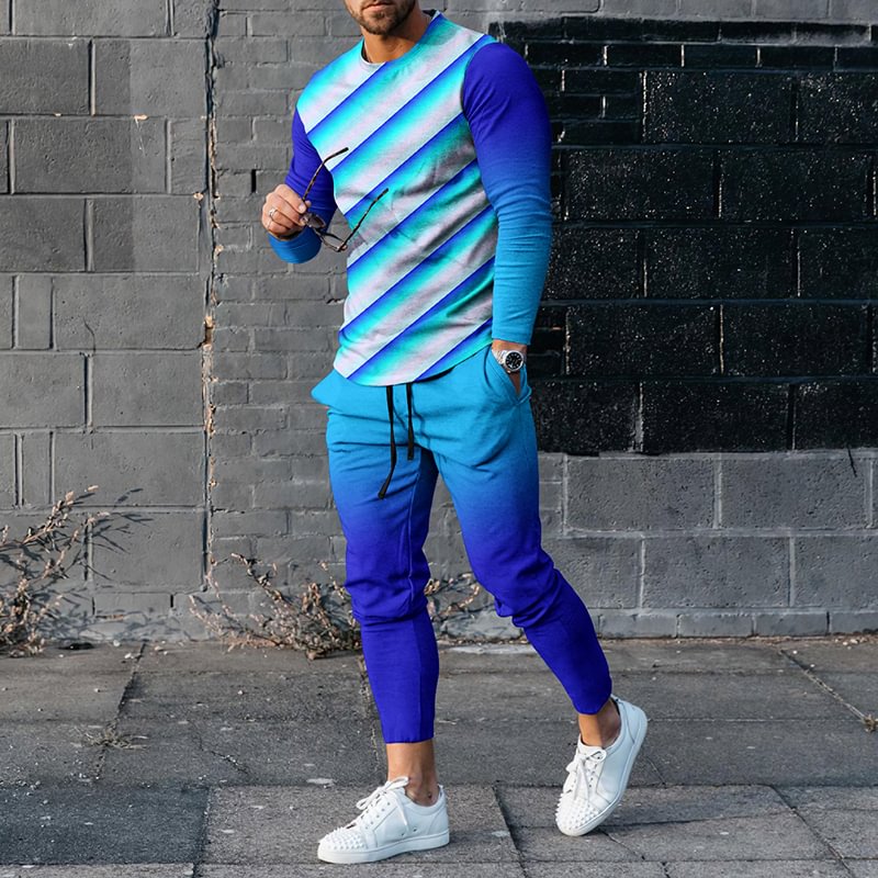 Geometric Stripe Gradient Stitching T-Shirt And Pants Co-Ord