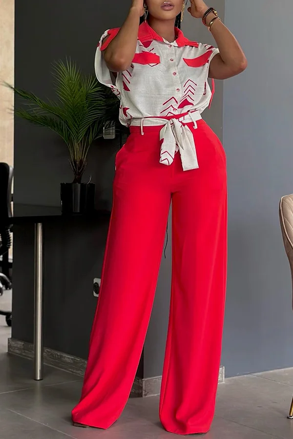 Two Tone Lapel Top & Straight Pants Set