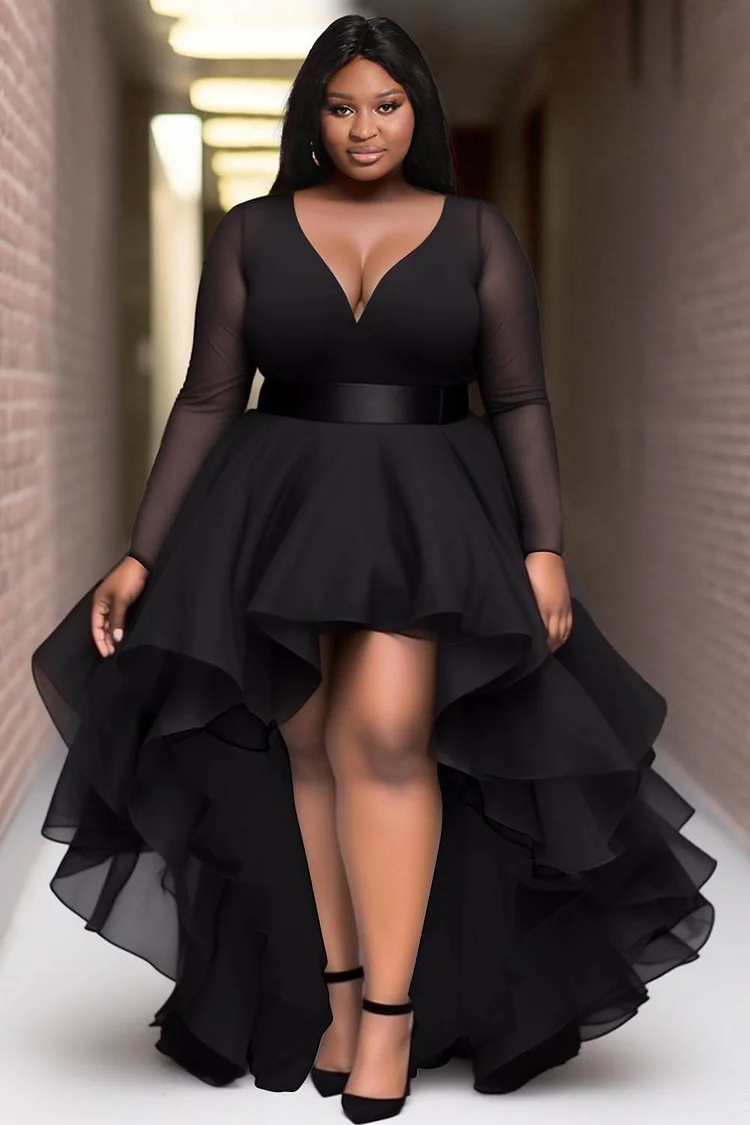 Xpluswear Design Plus Size Cocktail Party Black V Neck Long Sleeve High Low Hem Ruffle Tulle Maxi Dresses Xpluswear