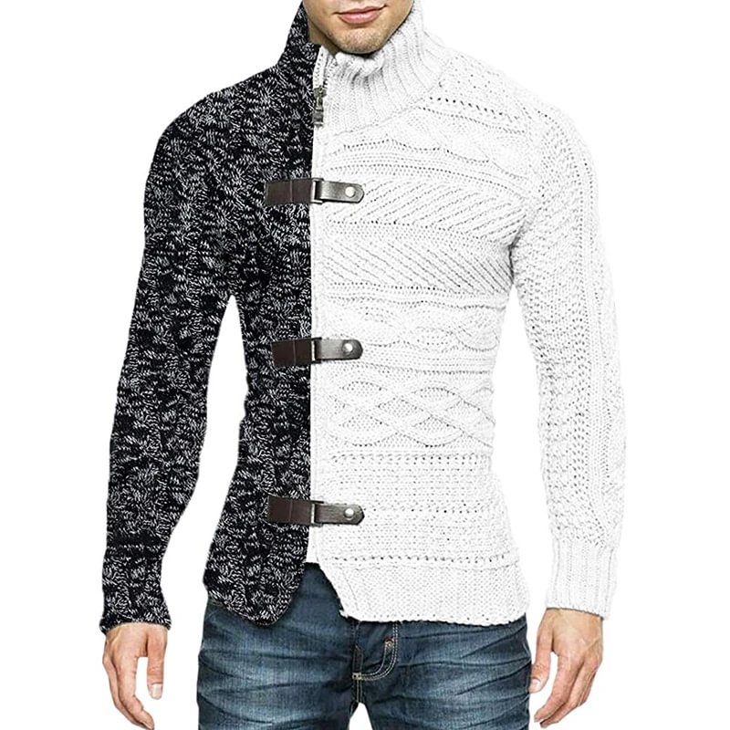 High Neck Sweater Men's Color Matching Leather Buckle Long Sleeve Knitted Cardigan - VSMEE