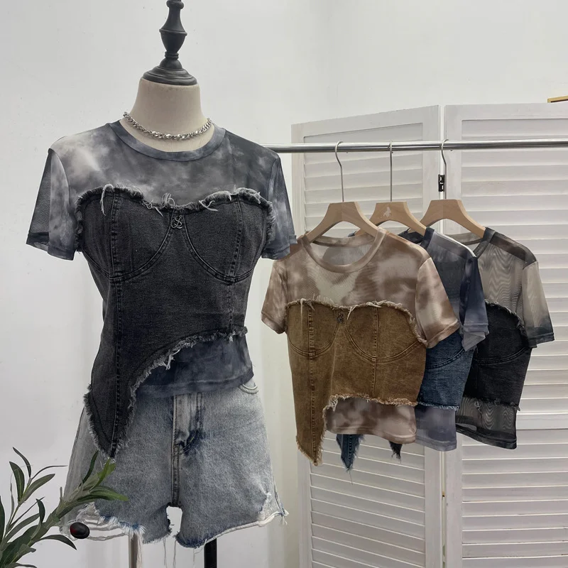 Uveng Real Shooting Of The Edge Of The Denim Splicing Tie Dye Mesh Repair Irregular Two Short-Sleeved Top T-Shirt 26171