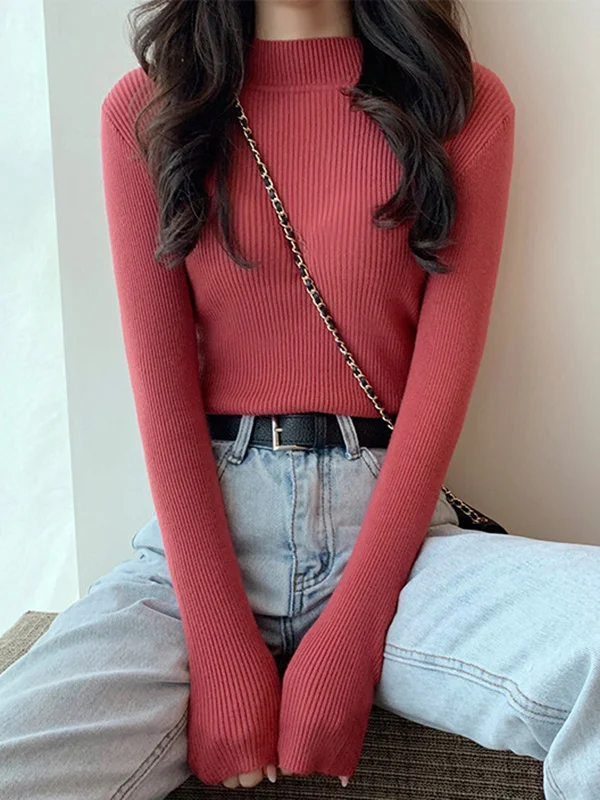 Casual Skinny Long Sleeves Solid Color High-Neck Sweater Tops