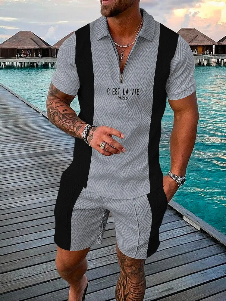 Men's Contrasting Colors Zip Polo Shirt and Shorts Two-Piece Suits