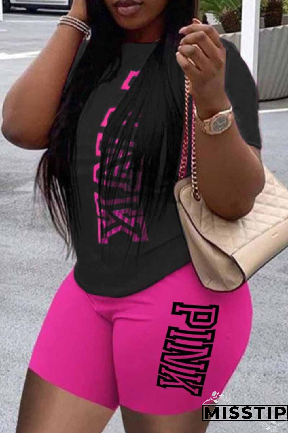 Burgundy Casual Print Letter O Neck Short Sleeve Two Pieces