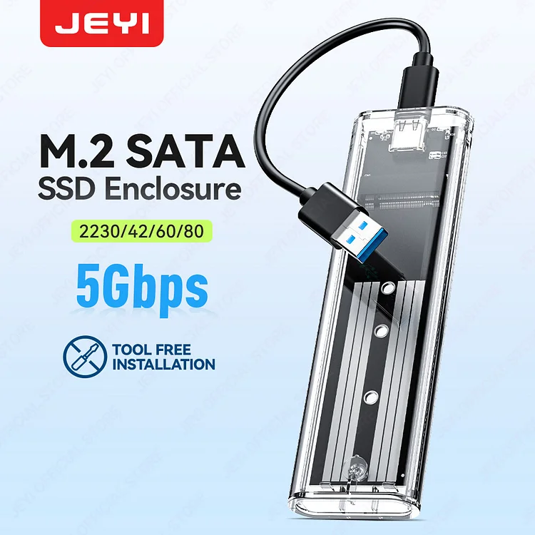 JEYI Transparently M.2 SATA SSD Enclosure Adapter, USB 3.1 (6 Gbps) to SATA M-Key/(B+M) Key SSD External Case Trim for SATA SSD 2230/2242/2260/2280