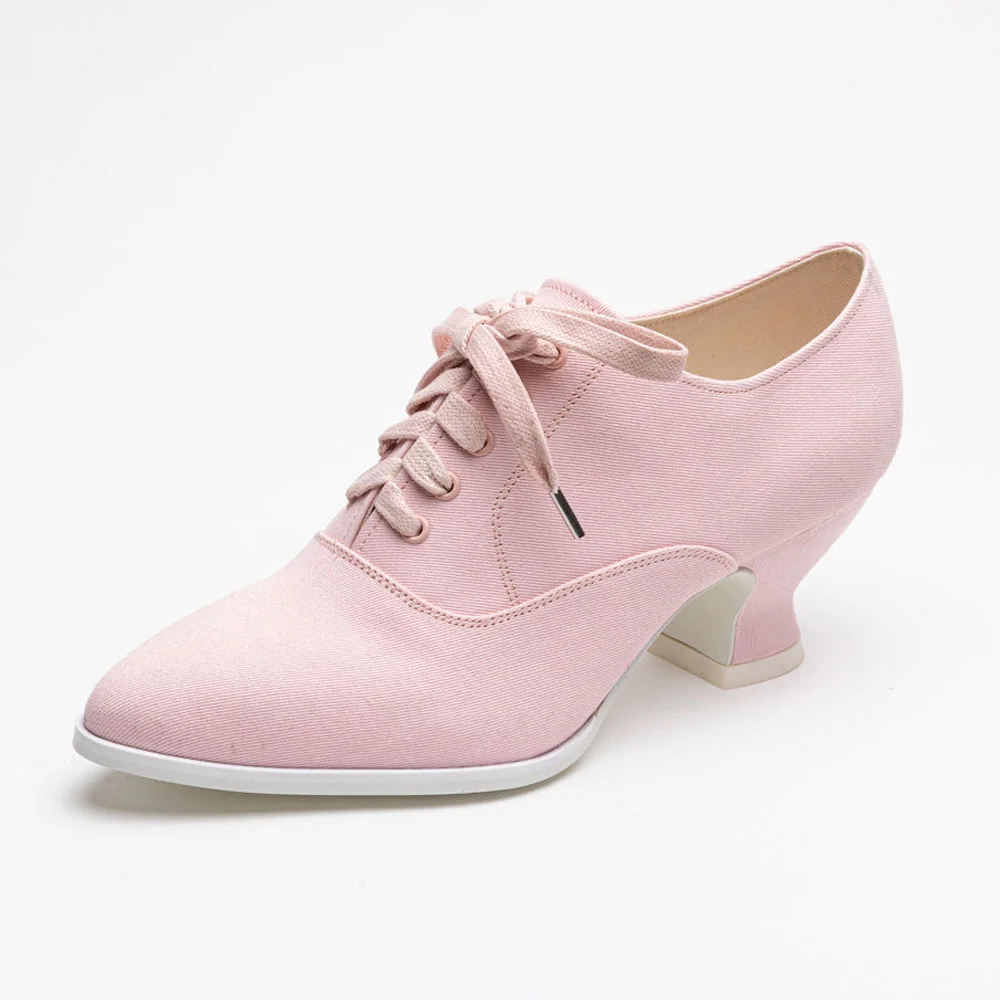 Stylish Pink Canvas Almond Toe Spool Heel Lace-Up Women's Oxfords