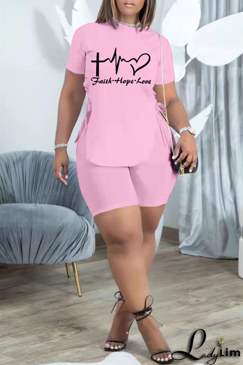 Khaki Fashion Casual Print Bandage Slit O Neck Short Sleeve Two Pieces