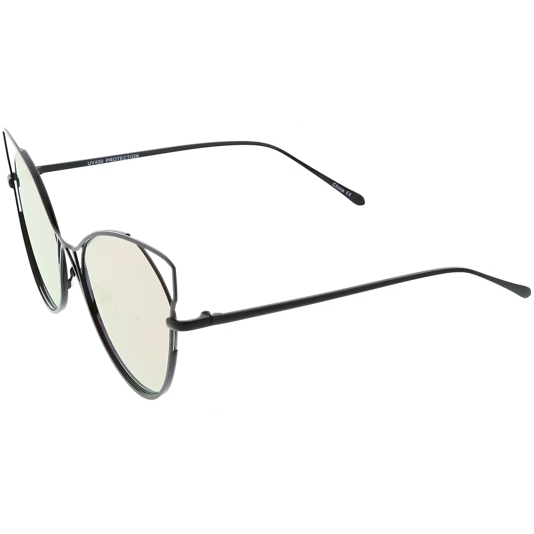 Oversize Cat Eye glasses Semi Rimless Metal Cut Out Mirrored Flat Lens 60mm
