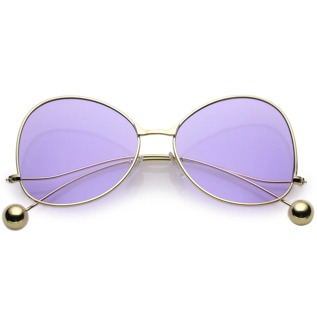 Women's Metal Butterfly glasses Thin Curved Arms Ball Accent Color Tinted Flat Lens 56mm