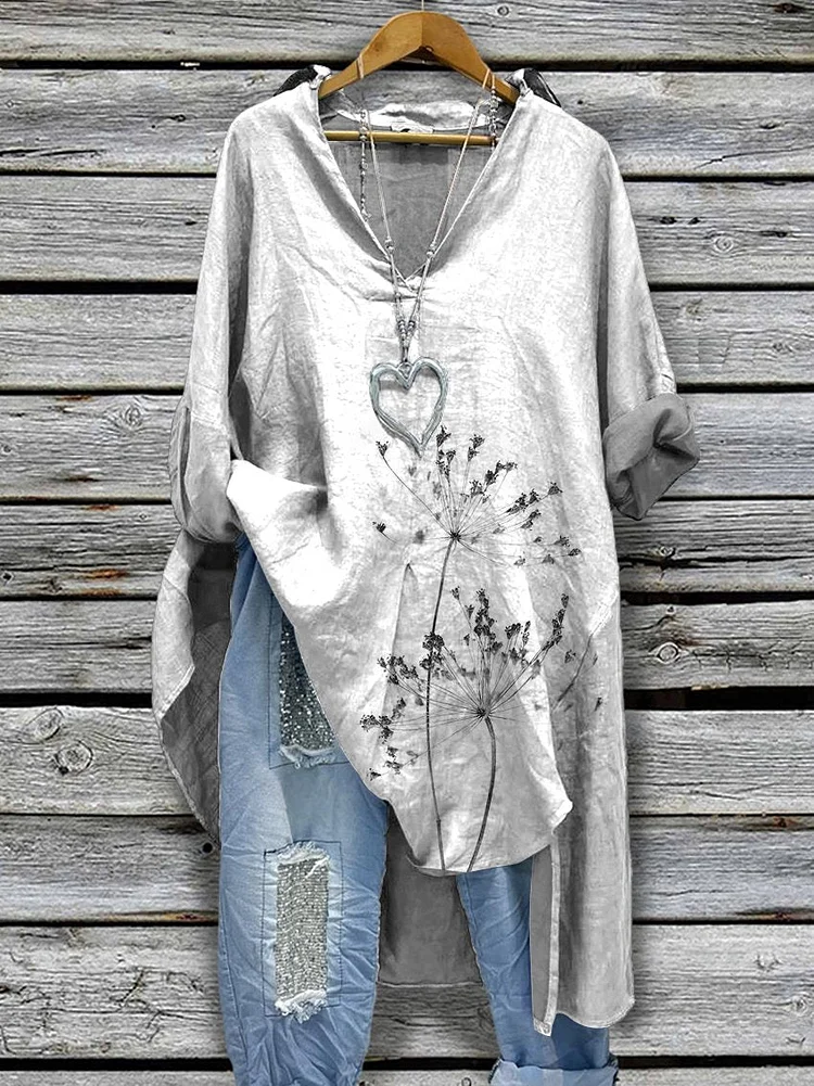 Women‘s Dandelion Pattern Print Casual Cotton And Linen Shirtdress