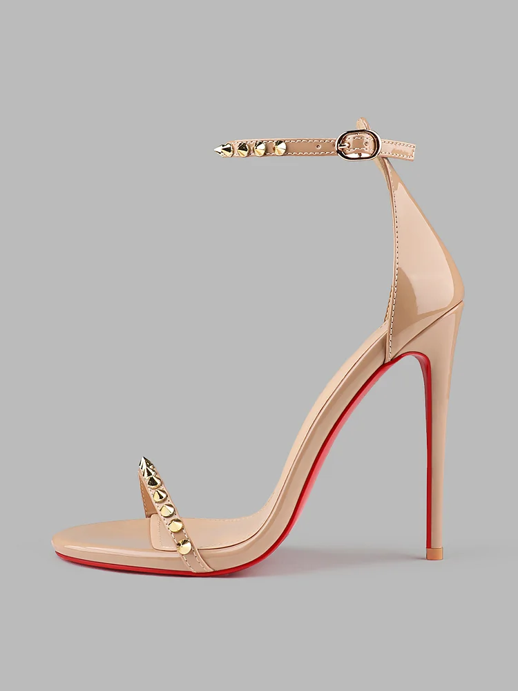 100mm/120mm Women's  Patent Fashion Rivet Pumps Open Toe Sandals Stiletto Red Bottom High Heels Ankle Strap  Shoes