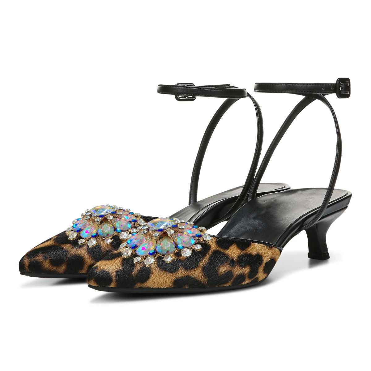 Leopard Closed Toe Stiletto Heel Ankle Strap Sandals with Rhinestone Nicepairs