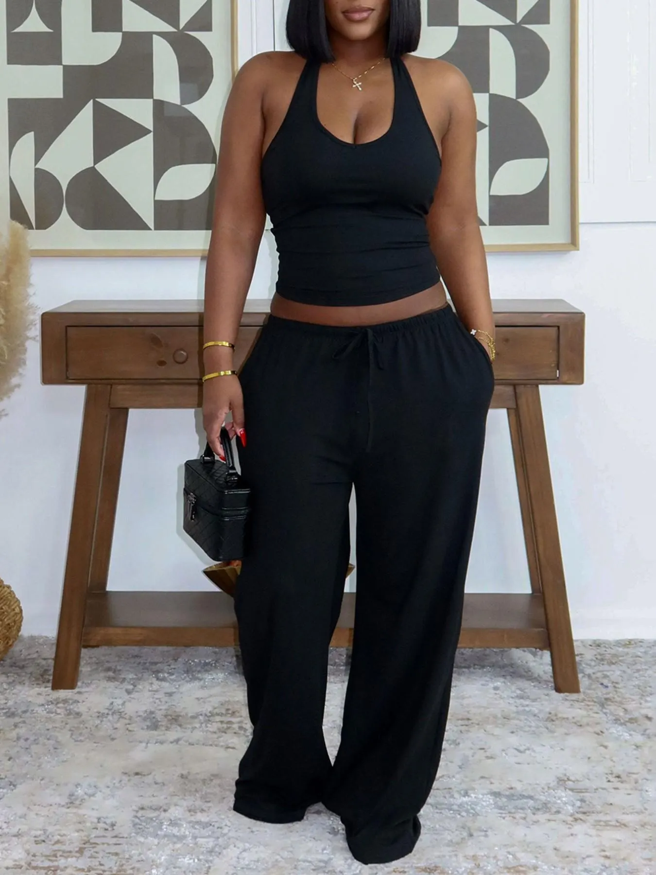 Summer New Women's Halter Neck Slimming Top & Wide-Leg Pants, Casual Backless Waist Cinch Crop Top & Drawstring Waist Pants, Womenswear