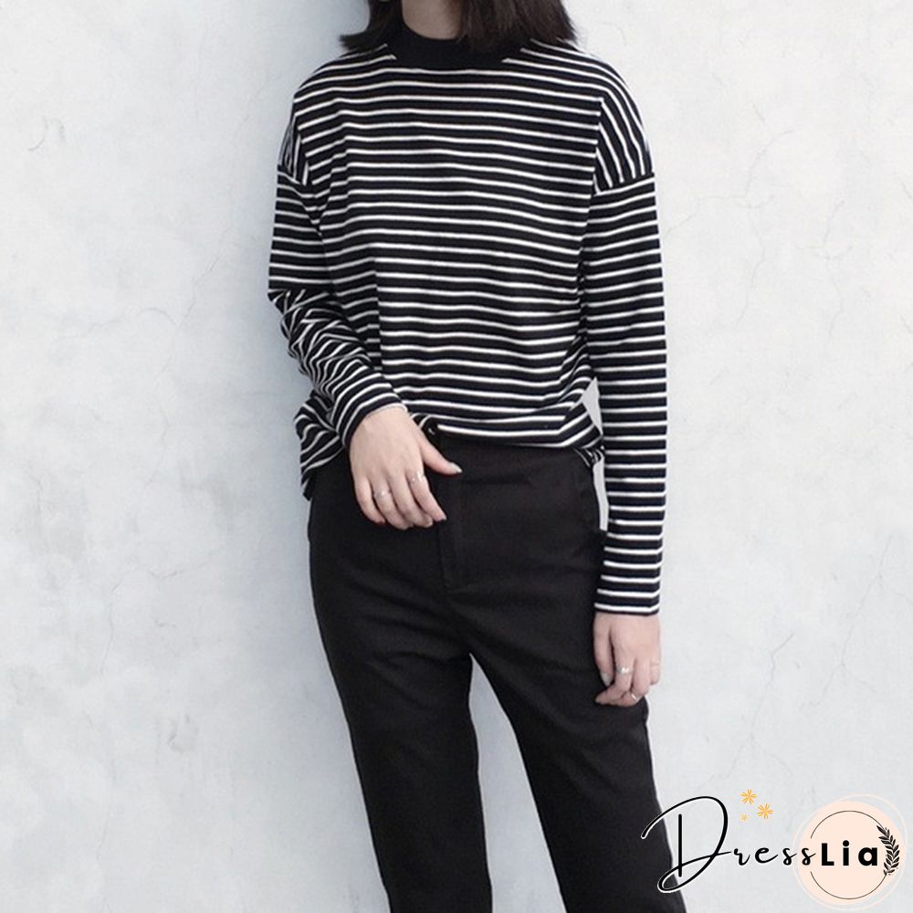 Women Turtleneck Korean Style Crop Top Long Sleeve Striped Tops Female Shirt Casual Harajuku Tops