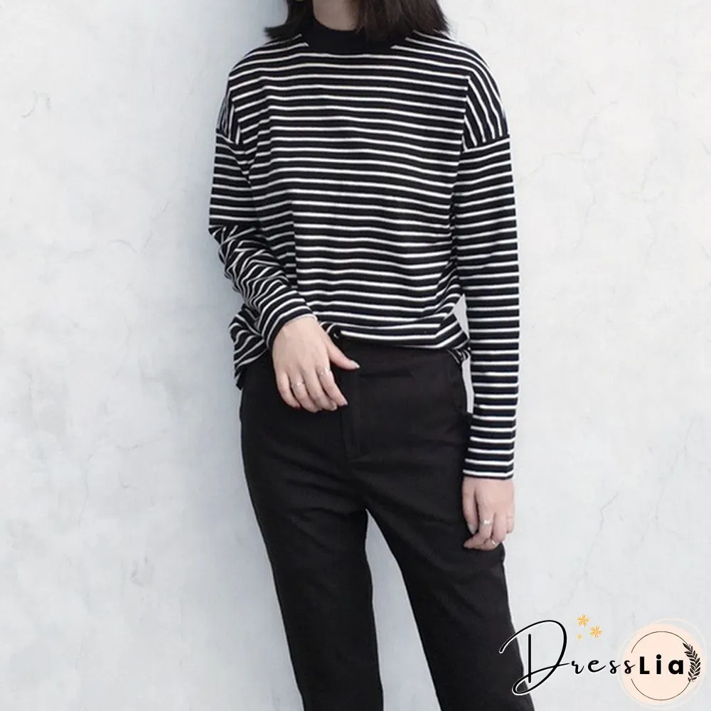 Women Turtleneck Korean Style Crop Top Long Sleeve Striped Tops Female Shirt Casual Harajuku Tops
