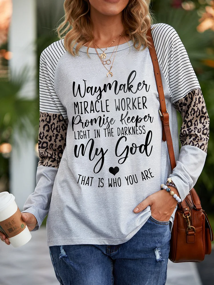 Letter Print Long Sleeve Loose Round Neck Stitching Top