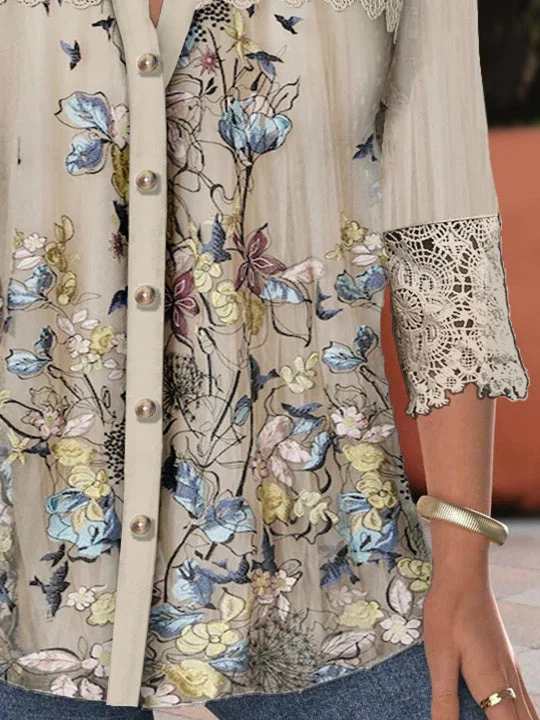 Women's 3/4 Sleeve V-neck Lace Graphic Hollow Stitching Top