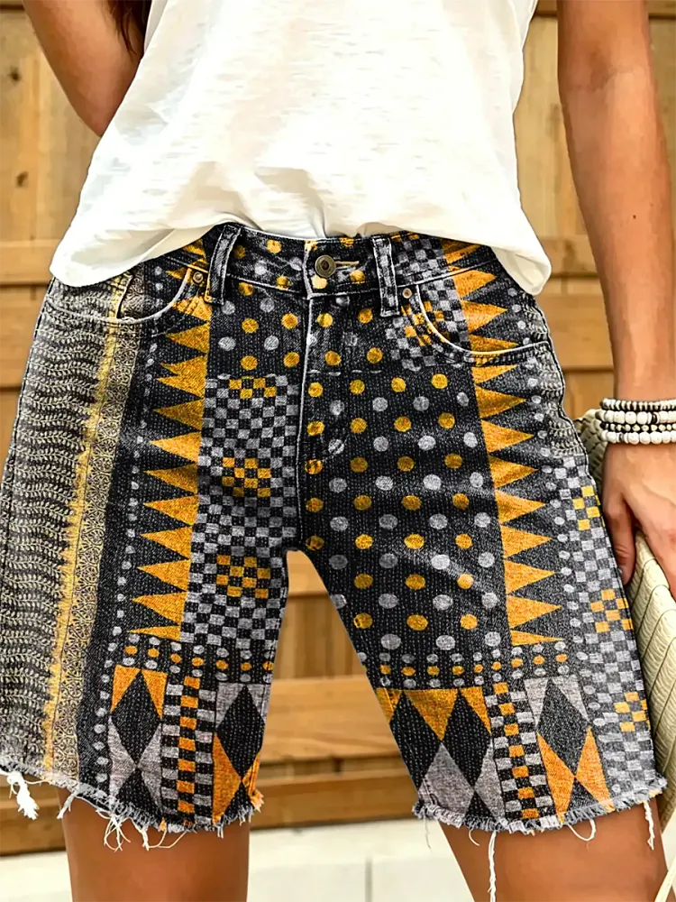 Women's Geometric Dot Print Frayed Hem Denim Shorts