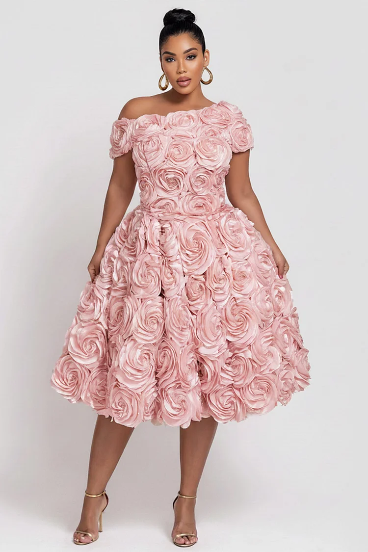 Xpluswear Design Plus Size Cocktail Party Elegant Pink Oblique Collar Short Sleeve 3D Midi Dresses [Pre-Order] 2024 - Xpluswear