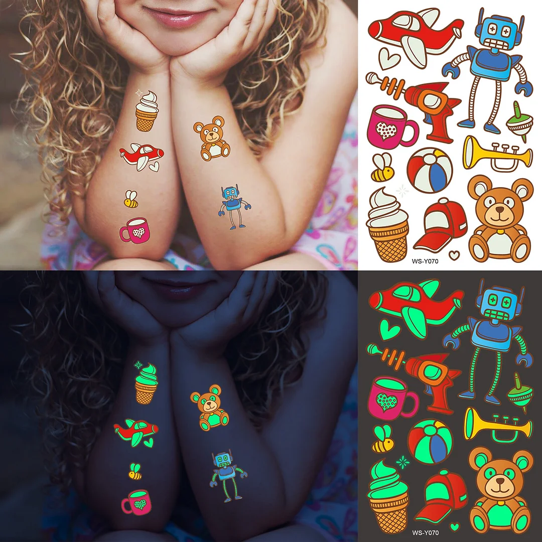 Sdrawing Glow In The Dark Temporary Tattoos For Kids Boys Kids Fake Luminous Tattoo Flash Animal Cartoon Party Favor Set Glowing Zoo