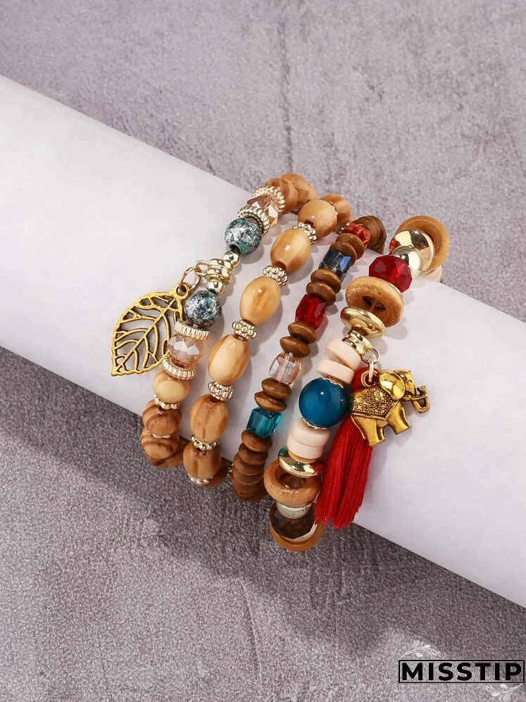 4pcs Leaf & Elephant Charm Beaded Bracelet