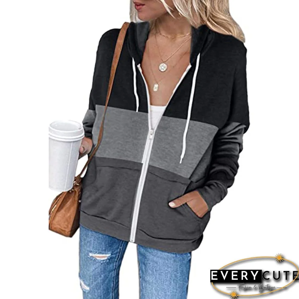 Gray Color Block Zip Kangaroo Pocket Hoodie