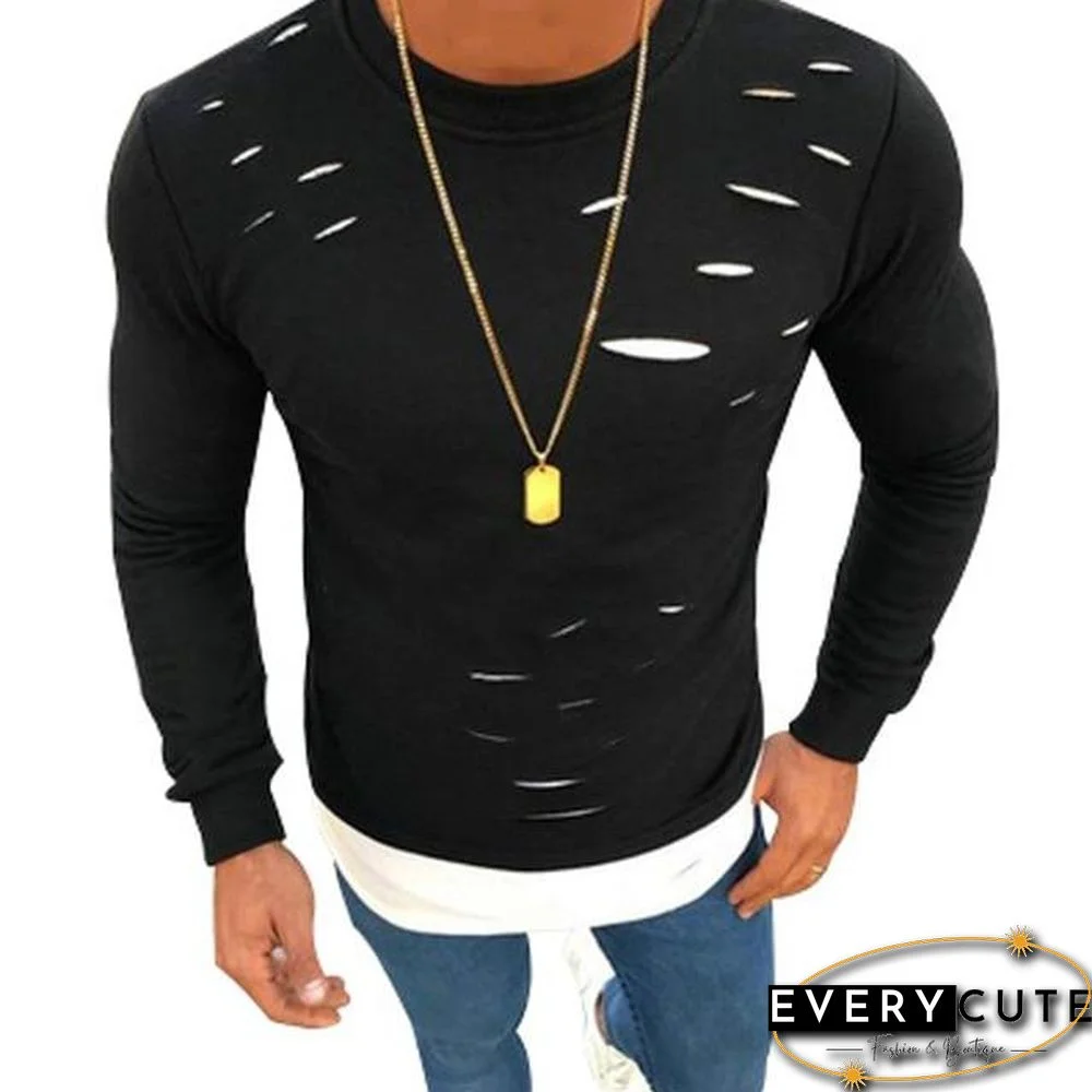 Fake Two Pieces Hole Irregular Mens T-Shirt Good Quality Patchwork Elastic Long Sleeve Male Solid O-Neck Tshirt