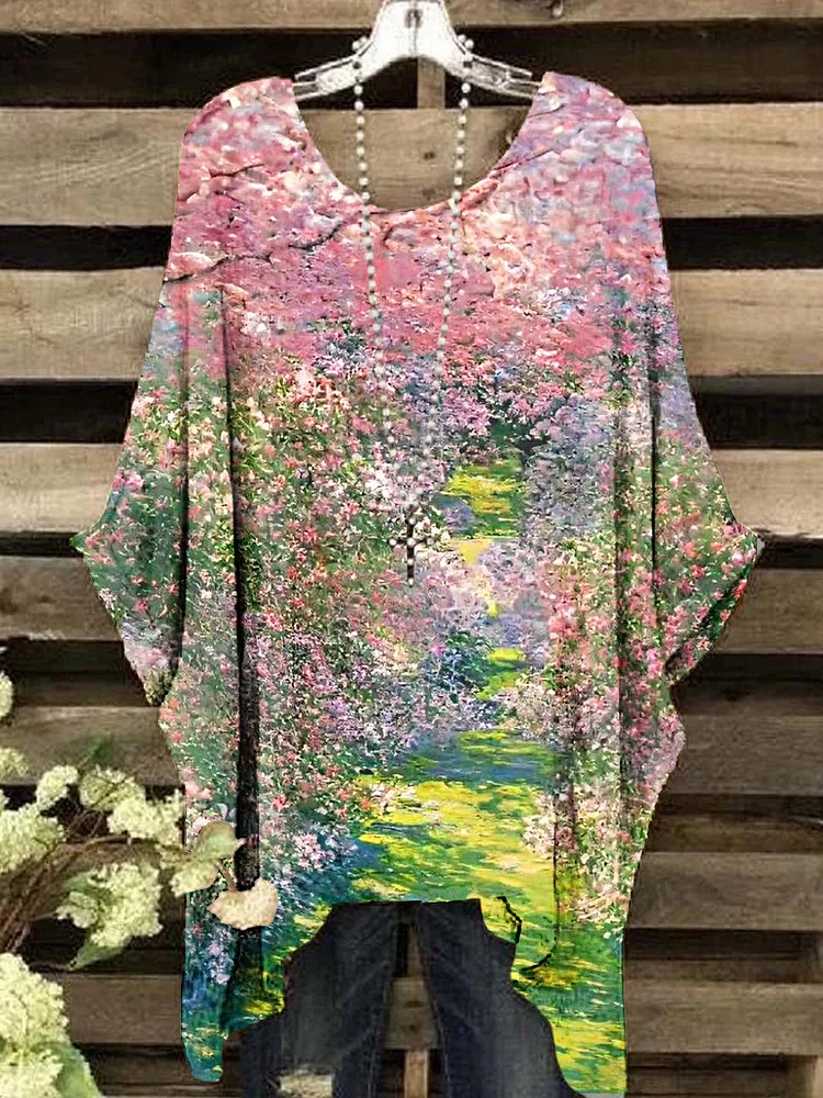 Women's Vintage Summer Scenery Pattern Crew Neck Top