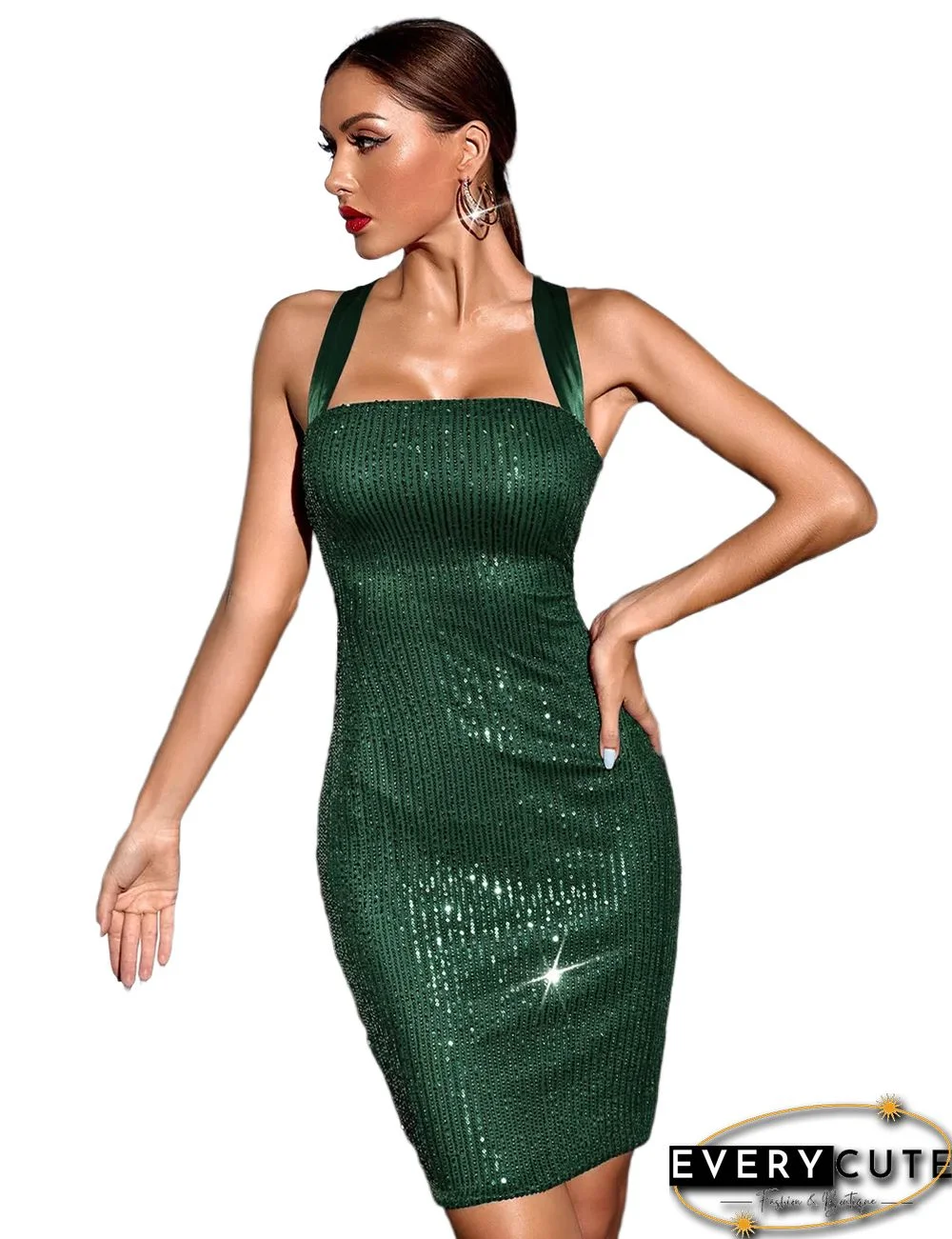 Green Halter Neck Slim Fit Sequined Dress