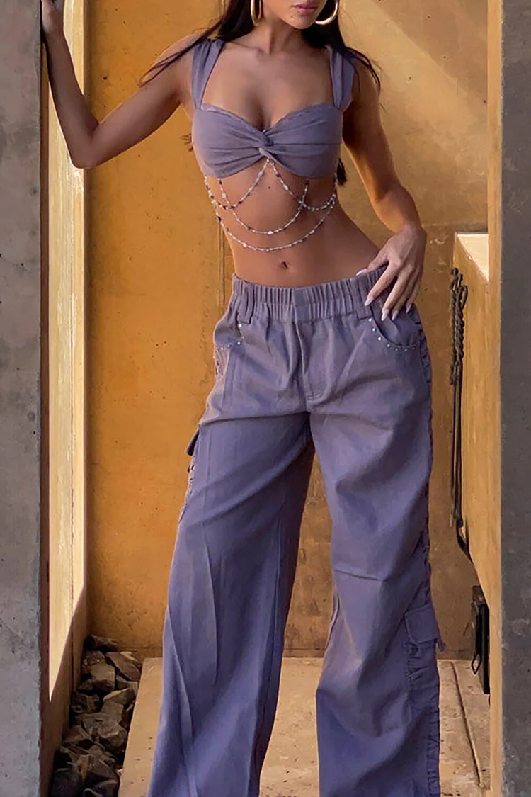 Chain Decor Crop Cami Wide Leg Cargo Pants Matching Set-Purple [Pre Order]