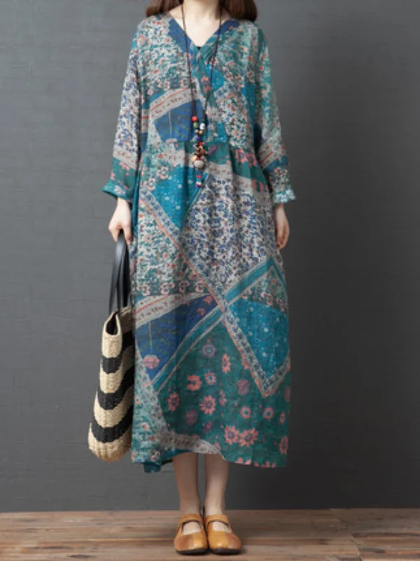 Loose Vintage Ethnic Printing V-Neck Long Sleeve Midi Dress