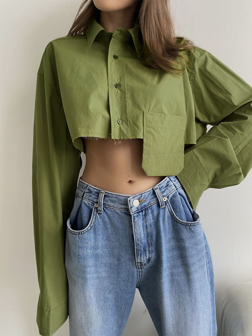 WomenSolid Color Shirt Long Sleeve Single Breasted Lapels Irregular Hem Cropped Shirts
