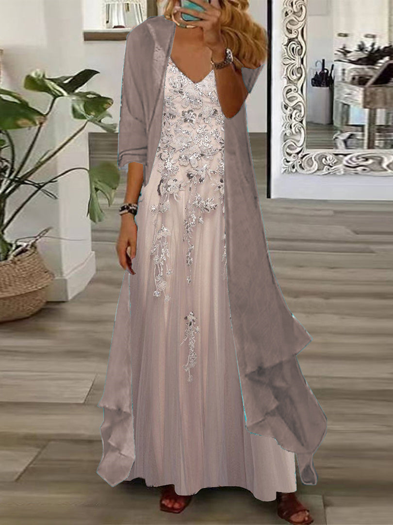 Women Half Sleeve V-neck Solid Color Dress