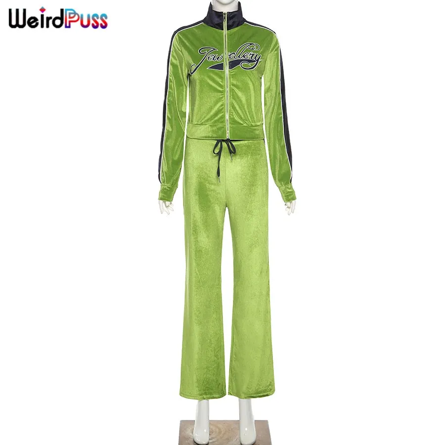 Weird Puss Women Tracksuit Embroidery Letter Velvet 2piece Set Fitness Zip Sweatshirt+Sporty Sweatpants Matching Activity Outfit