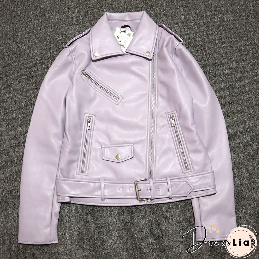 Spring Autumn Women Faux Leather Jacket Ladies Solid With Belt Zipper Biker Coat Female Casual Outwear