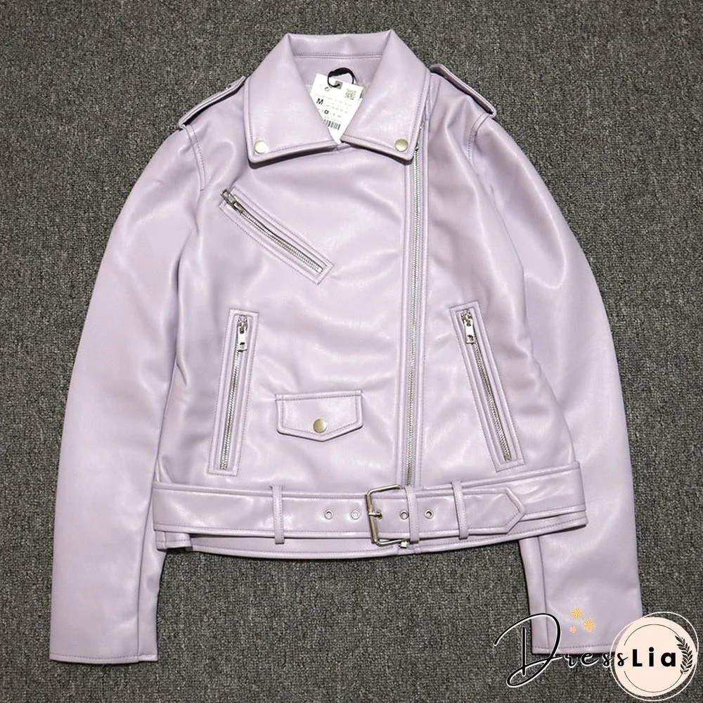 Spring Autumn Women Faux Leather Jacket Ladies Solid With Belt Zipper Biker Coat Female Casual Outwear