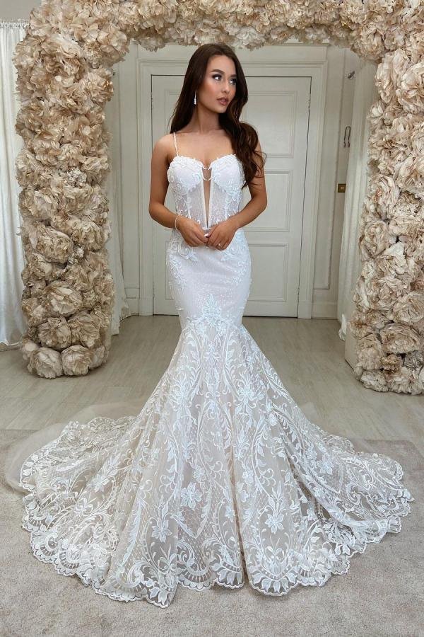 Simple Long Mermaid Backless Sweeteart Spaghetti Straps Wedding Dress With Lace | Ballbellas Ballbellas