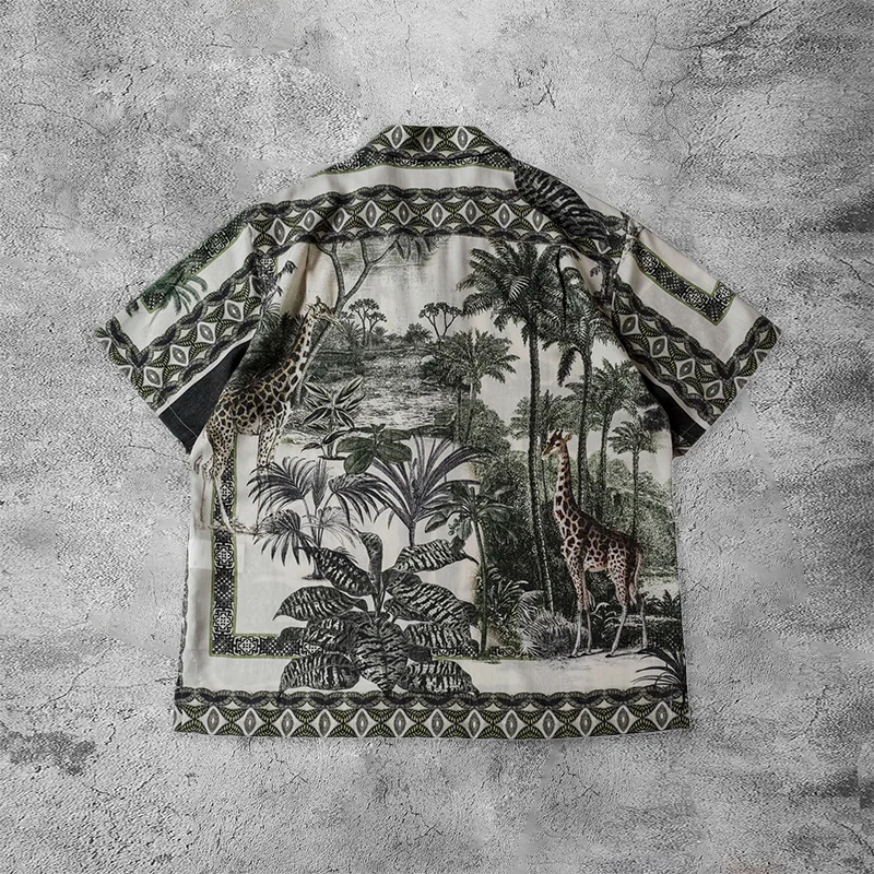 Vintage fashion retro coconut tree print short-sleeved shirt