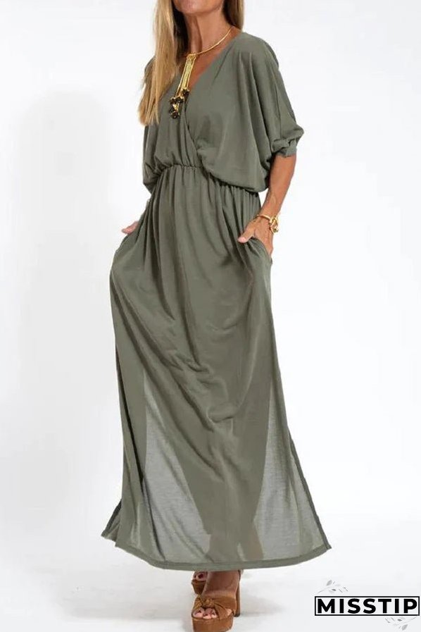 Ultimate Comfort Elastic Waist Half Sleeve Pocketed Slit Maxi Dress