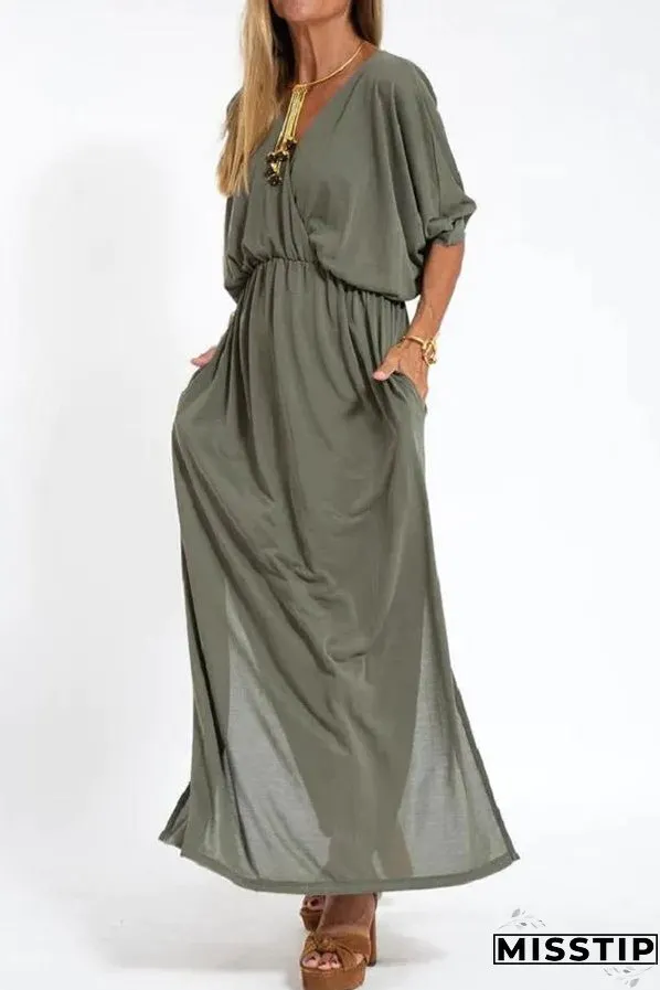 Ultimate Comfort Elastic Waist Half Sleeve Pocketed Slit Maxi Dress