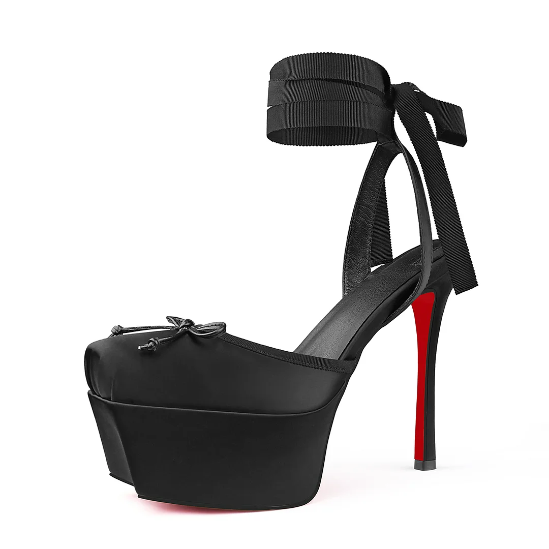 145mm Women's Strappy Crepe Satin Silk High Heel Lace Up Platform Red Bottom Wedding Banquet Sandals-MERUMOTE