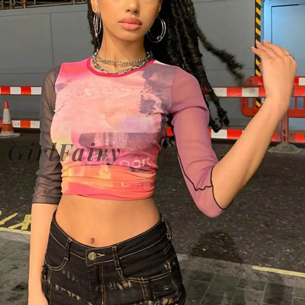 Girlfairy 2023 New Tshirt Print T Shirt T-Shirt Top Perspective Mesh Vintage Cute Tee Harajuku Half