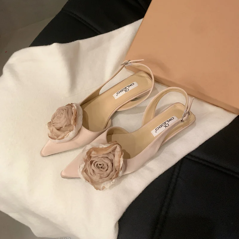 Canrulo Woman 2024 Trend Women's Silk Flower Decorative Single Shoes 2024 Sexy Pointed Slingbacks High Heels Party Dress Sandals
