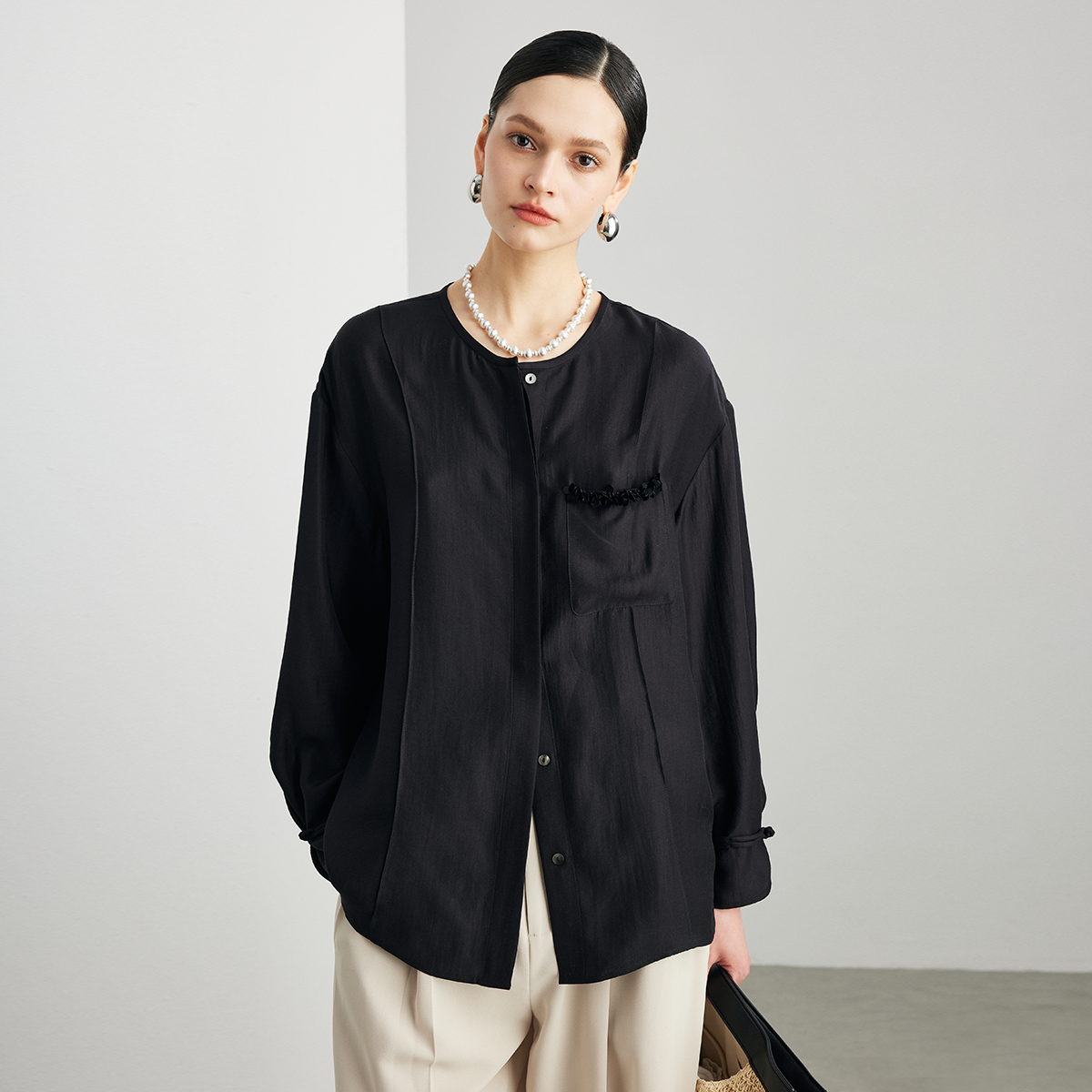 Silk Blouse Solid With Pocket For Work REAL SILK LIFE