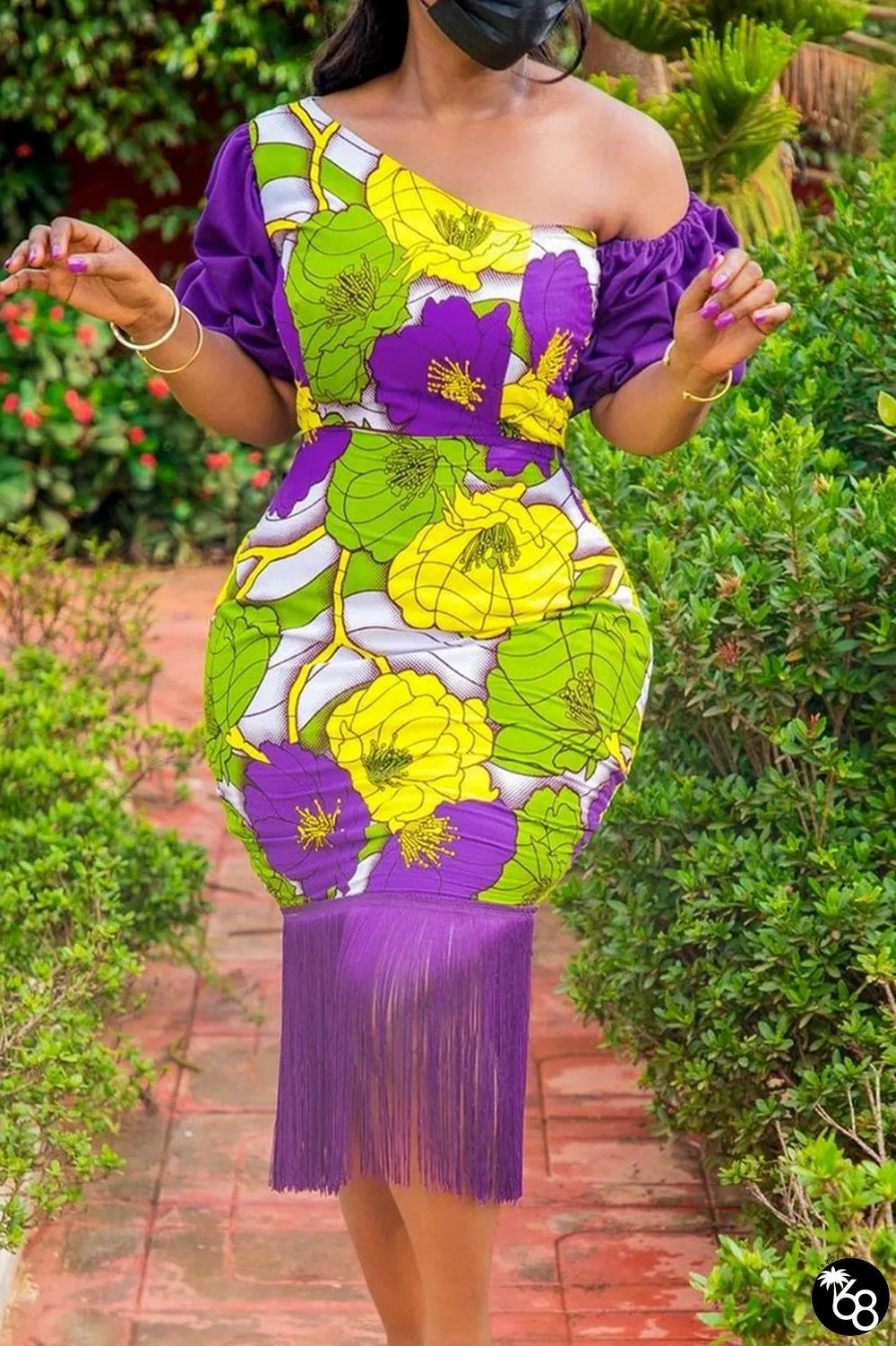 Purple Casual Print Tassel Patchwork Oblique Collar Wrapped Skirt Dresses (Subject To The Actual Object) | 168DEAL